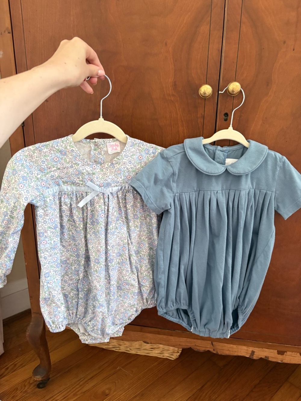 Two Baby Rompers - Floral Print & Dusty Blue